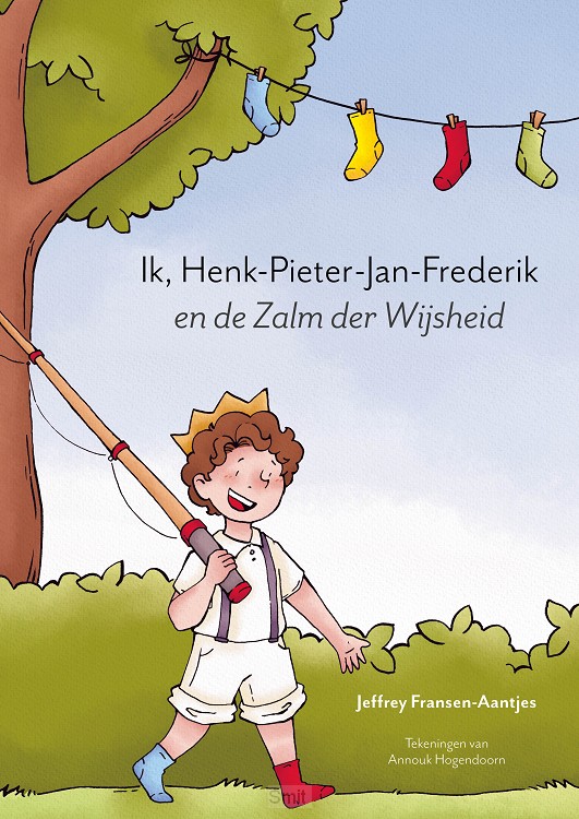 In een land hier niet zo ver vandaan woon… Ik!
Ik ben Henk-Pieter-Jan-Frederik. Mijn vader is de Koning en op een dag hoop ik dat ook te zijn.

De grote mensen hebben daar alleen hun twijfels over. Of ik dat wel kan, koning zijn. Ik heb namelijk nog nooit schoenen aangetrokken en loop altijd alleen maar op sokken. De meeste mensen vinden dit echt niet kunnen en hebben tegen mijn vader gezegd dat ik moet bewijzen dat ik een goede koning kan zijn.

Vandaag moet ik bewijzen dat ik dapper, slim en eerlijk genoeg ben om mijn vader op te volgen. Zo niet, dan zal ik voor altijd een prins blijven. Samen met mijn vriendinnetje Akela ga ik op zoek naar de Zalm der Wijsheid. Heb jij hier ooit van gehoord? Ik niet. Akela zegt dat als ik deze zalm vang én als eerste van deze vis eet, ik de slimste prins van de hele wereld ben.

Ga je met Akela en mij mee op zoek naar deze zalm?

Jeffrey Fransen - Aantjes is een creatieve duizendpoot. Hij studeerde 'dans en docent dans' om daarna door te stromen naar de opleiding 'docent theater'. Hij werkte in het voortgezet onderwijs en stapte daarna over naar het basisonderwijs. Zijn creatieve bloed stroomt letterlijk door zijn aderen. De verhalen rond 'Ik, Henk-Pieter-Jan-Frederik' zijn daar een gevolg van.

Annouk Hogendoorn maakte de prachtige illustraties.