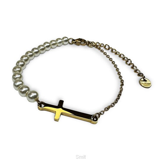 Armband kruisje en parels goud