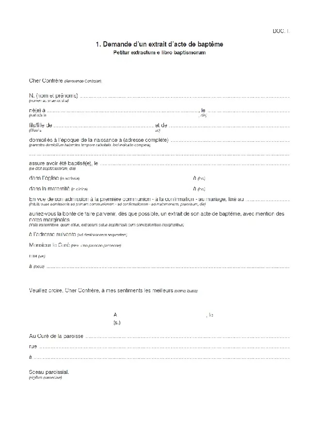 Demande d'un extrait de bapteme - 25 ex.