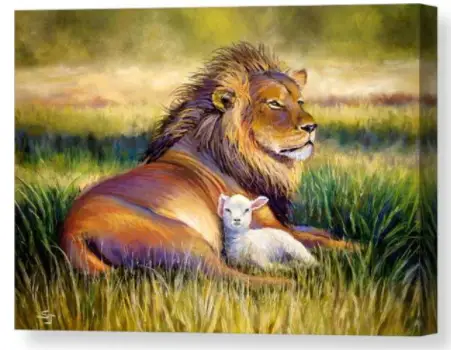 Lion/Lamb in green meadow 40x50cm