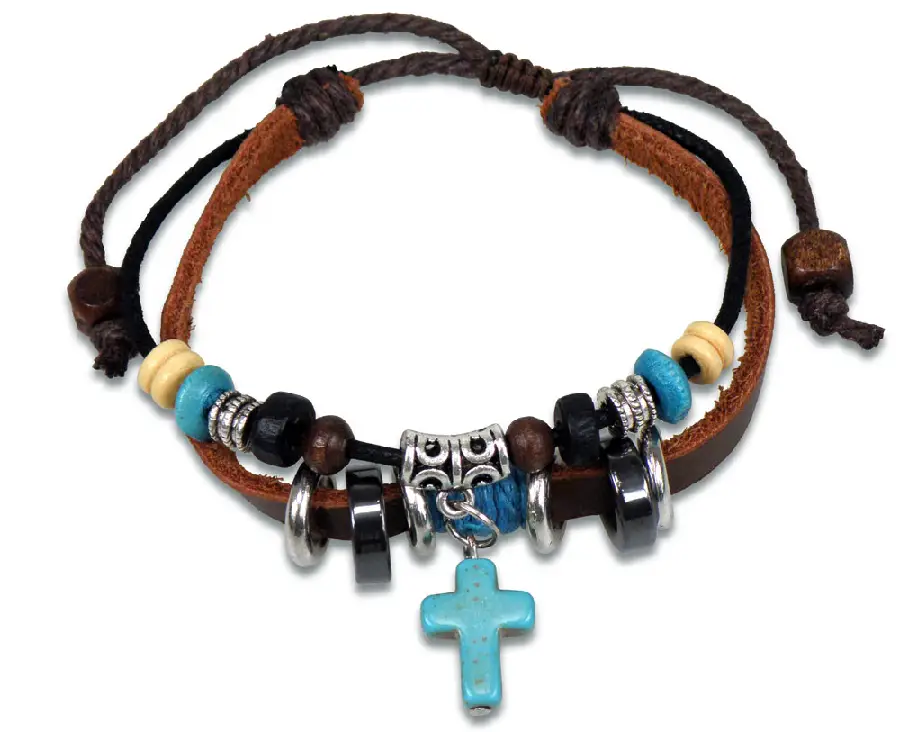Armband leder met kruis zilver tur