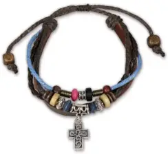 Armband leder met kruis zilver/blauw/bru